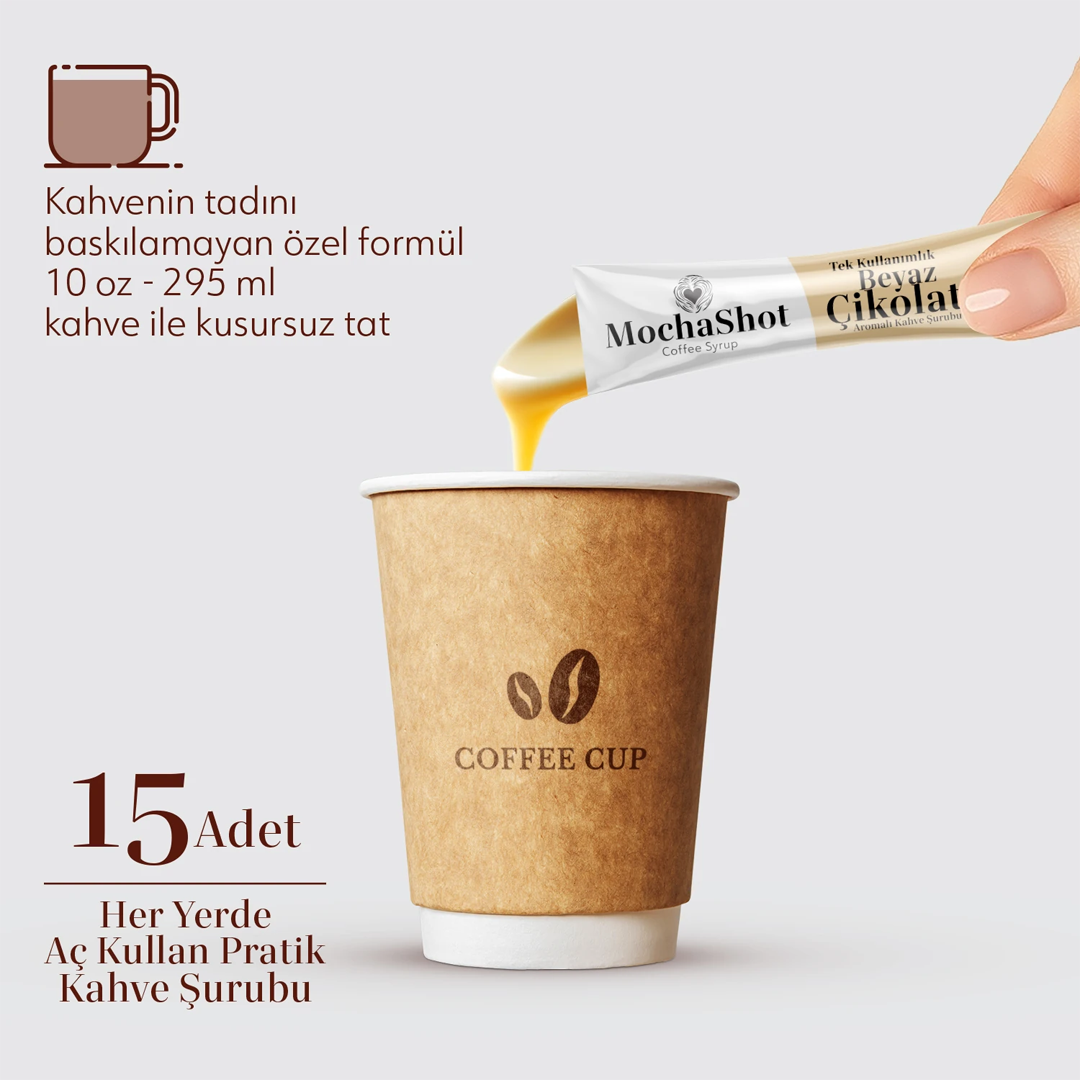 Mocha Shot Beyaz Çikolata Aromalı Tek Kullanımlık Kahve Şurubu 20 ml x 15 Adet